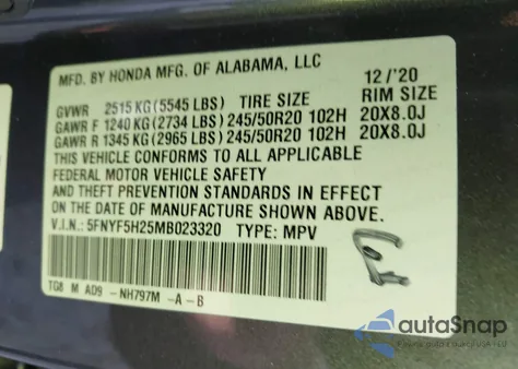 2021 Honda Pilot 2Wd Special Edition из США, поврежденный, VIN 5FNYF5H25MB023320